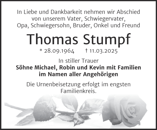 Traueranzeige von Thomas Stumpf von Trauerkombi Bernburg