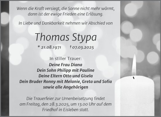 Traueranzeige von Thomas Stypa von Trauerkombi Mansfelder Land