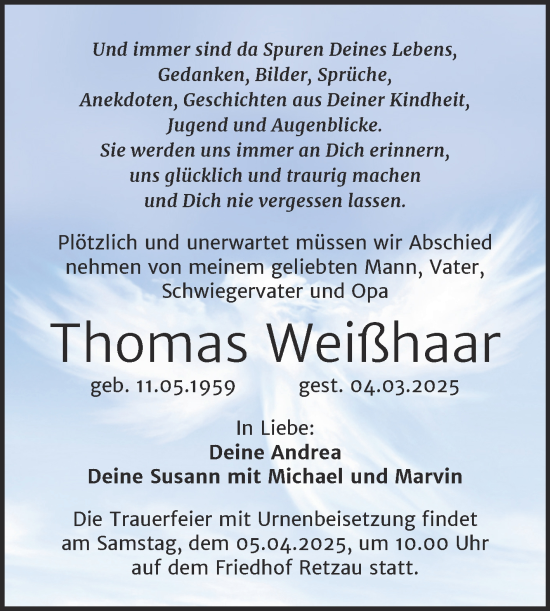Traueranzeige von Thomas Weißhaar von Trauerkombi Bitterfeld