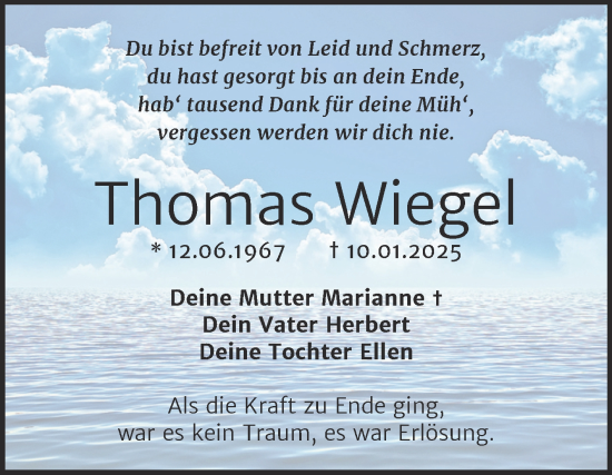 Traueranzeige von Thomas Wiegel von Trauerkombi Bernburg