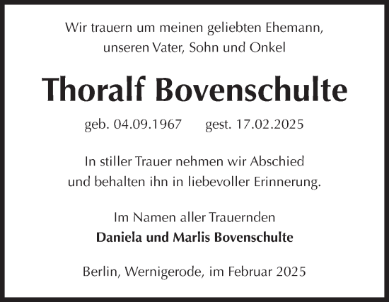 Traueranzeige von Thoralf Bovenschulte von Volksstimme Wernigerode