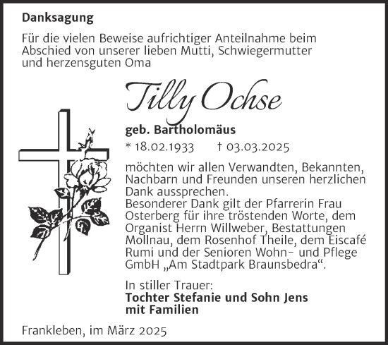 Traueranzeige von Tilly Ochse von Trauerkombi Merseburg