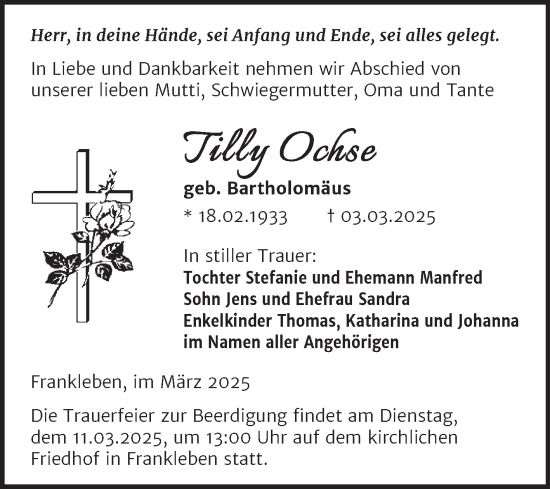 Traueranzeige von Tilly Ochse von Trauerkombi Merseburg