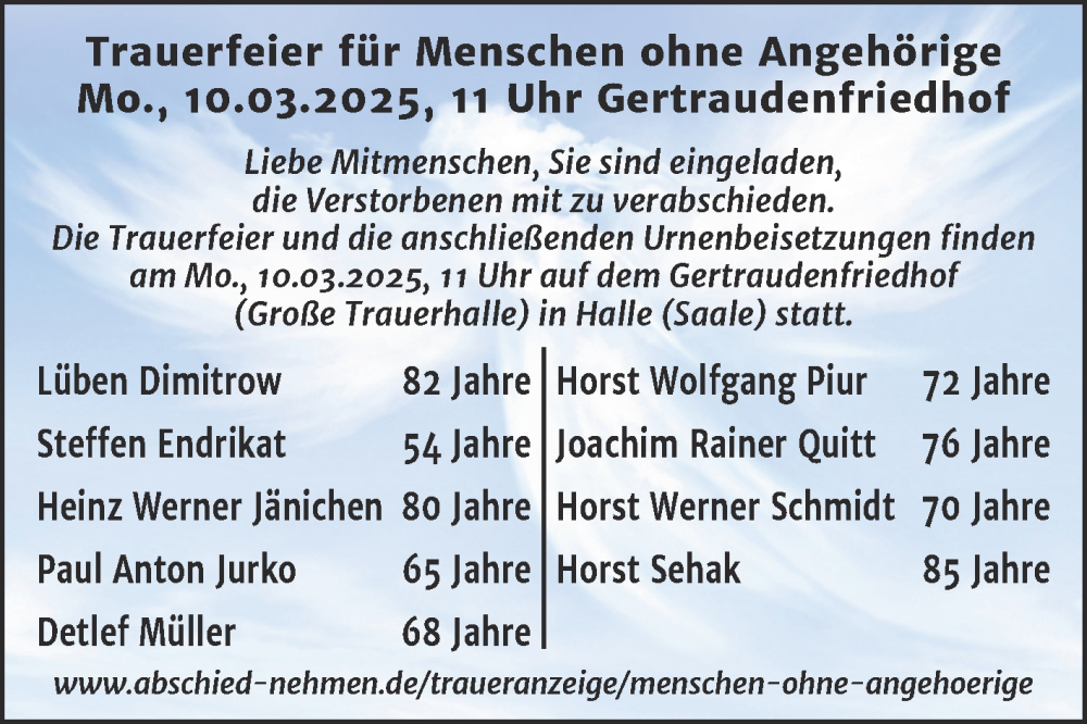  Traueranzeige für Menschen ohne Angehörige  vom 08.03.2025 aus Mitteldeutsche Zeitung Halle/Saalkreis