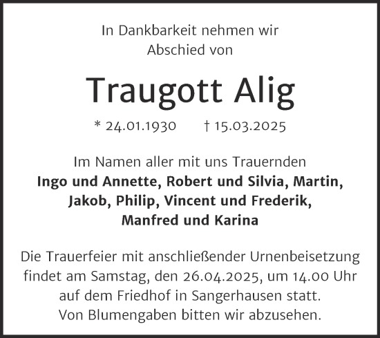 Traueranzeige von Traugott Alig von Trauerkombi Sangerhausen