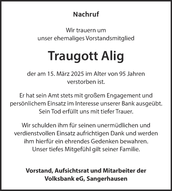 Traueranzeige von Traugott Alig von Super Sonntag Sangerhausen
