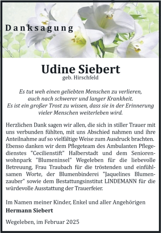 Traueranzeige von Udine Siebert von Volksstimme Halberstadt