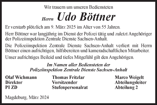Traueranzeige von Udo Böttner von Volksstimme Magdeburg