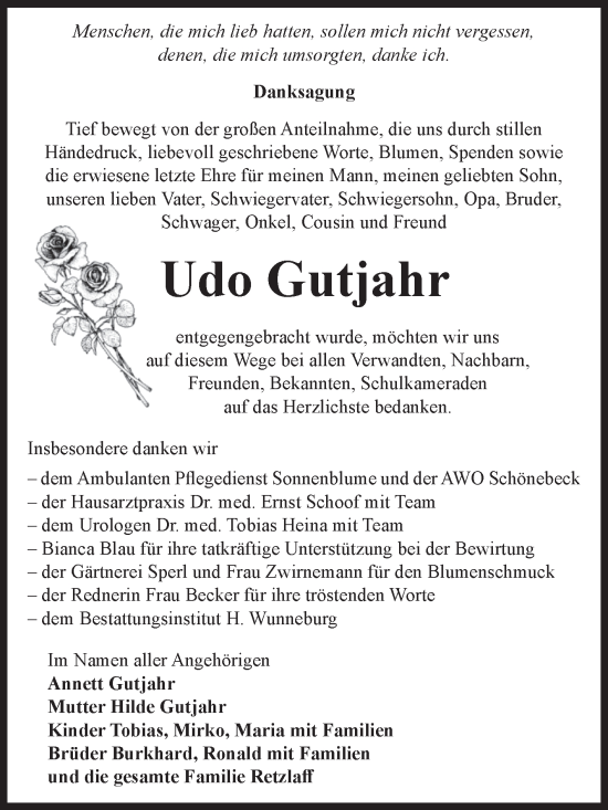 Traueranzeige von Udo Gutjahr von Volksstimme Schönebeck
