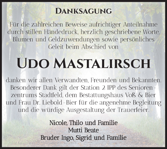 Traueranzeige von Udo Mastalirsch von Volksstimme Wernigerode