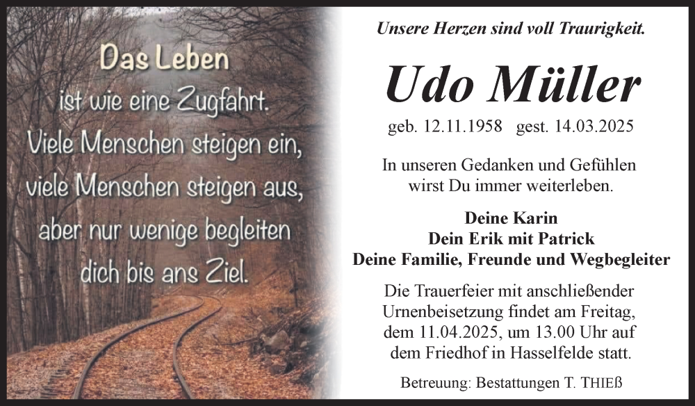  Traueranzeige für Udo Müller vom 22.03.2025 aus Volksstimme Wernigerode