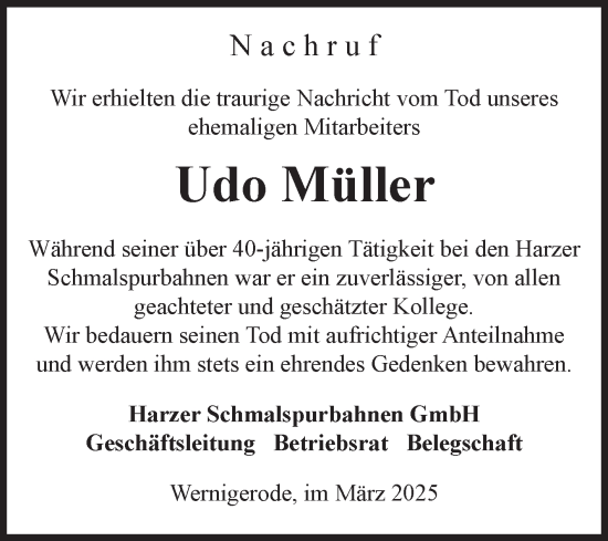Traueranzeige von Udo Müller von Volksstimme Wernigerode