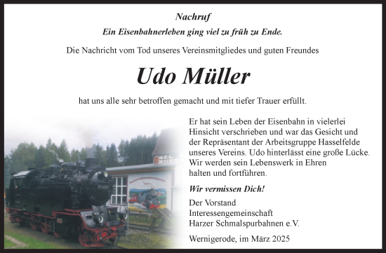 Traueranzeige von Udo Müller von Volksstimme Wernigerode