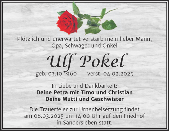 Traueranzeige von Ulf Pokel von Trauerkombi Mansfelder Land