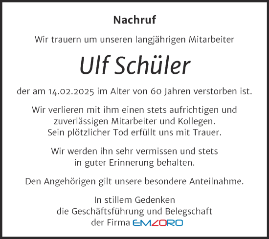 Traueranzeige von Ulf Schüler von Super Sonntag Mansfelder Land