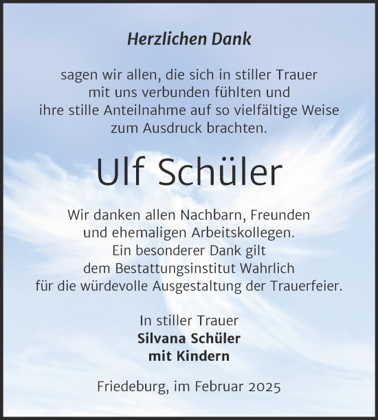 Traueranzeige von Ulf Schüler von Trauerkombi Mansfelder Land
