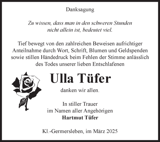 Traueranzeige von Ulla Tüfer von Volksstimme Oschersleben/Wanzleben