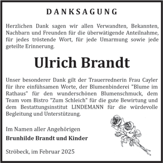 Traueranzeige von Ulrich Brandt von Volksstimme Halberstadt