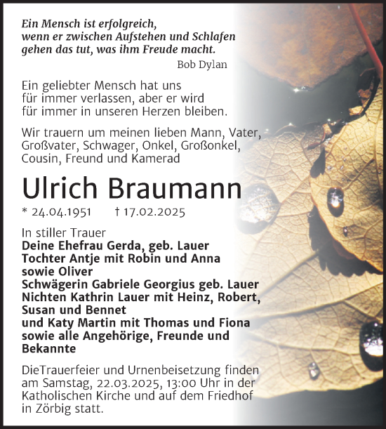 Traueranzeige von Ulrich Braumann von Trauerkombi Bitterfeld