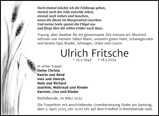 Traueranzeige von Ulrich Fritsche von Trauerkombi Sangerhausen