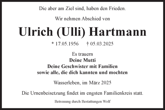 Traueranzeige von Ulrich  Hartmann von Volksstimme Wernigerode