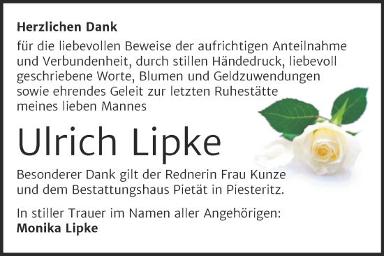 Traueranzeige von Ulrich Lipke von Trauerkombi Wittenberg