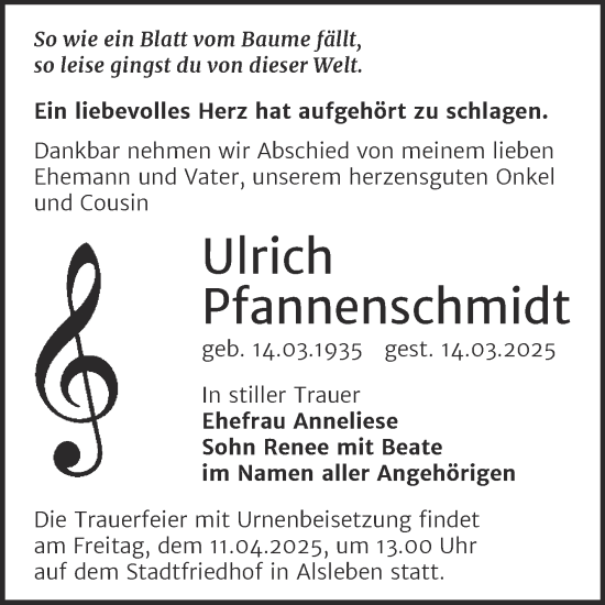 Traueranzeige von Ulrich Pfannenschmidt von Trauerkombi Bernburg