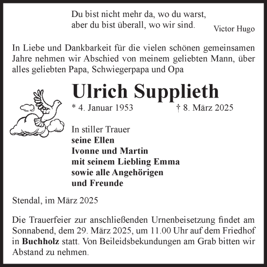Traueranzeige von Ulrich Supplieth von Volksstimme Altmark Ost