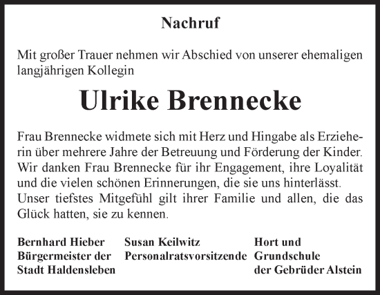 Traueranzeige von Ulrike Brennecke von Volksstimme Haldensleben/Wolmirstedt