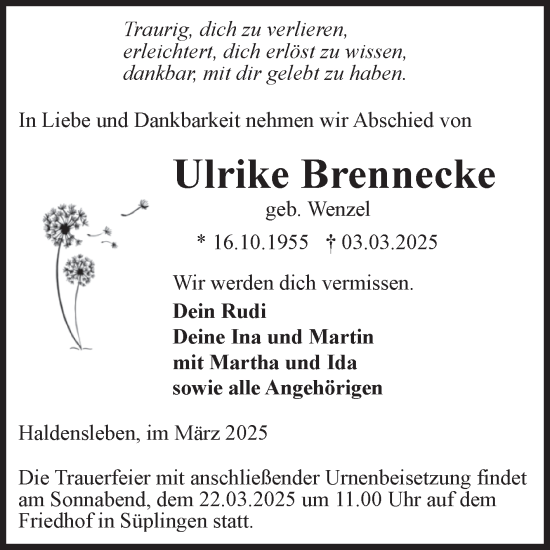 Traueranzeige von Ulrike Brennecke von Volksstimme Haldensleben/Wolmirstedt