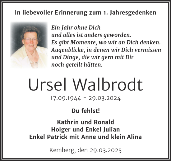 Traueranzeige von Ursel Walbrodt von Trauerkombi Wittenberg
