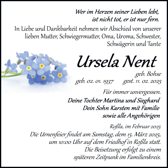 Traueranzeige von Ursela Nent von Trauerkombi Sangerhausen