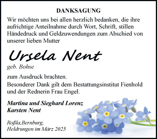 Traueranzeige von Ursela Nent von Trauerkombi Sangerhausen