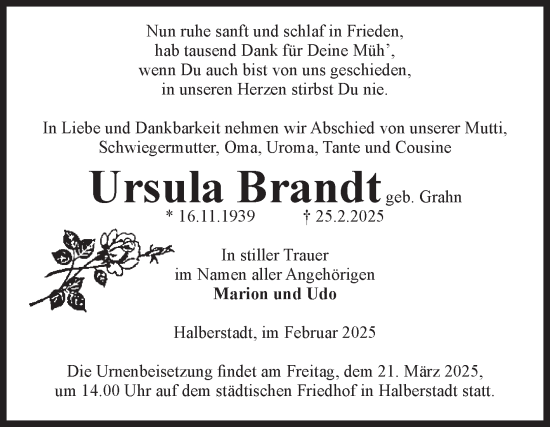 Traueranzeige von Ursula Brandt von Volksstimme Halberstadt