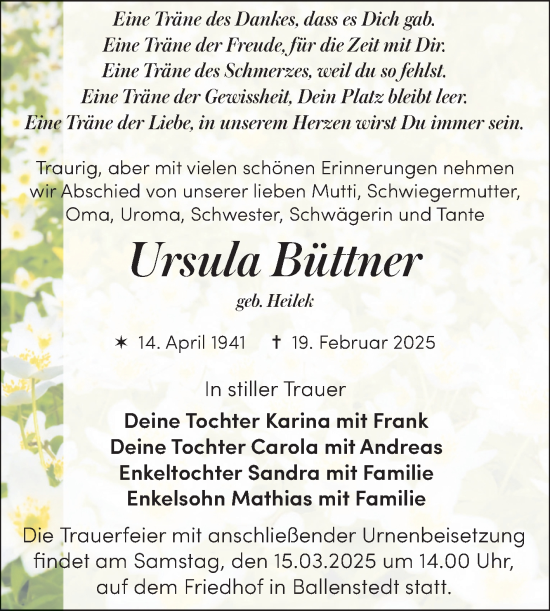 Traueranzeige von Ursula Büttner von Super Sonntag Quedlingburg
