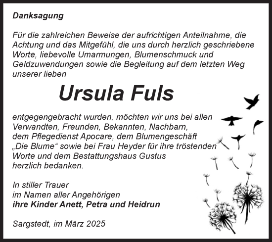 Traueranzeige von Ursula Fuls von Volksstimme Halberstadt