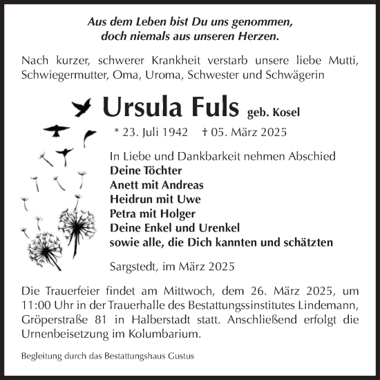 Traueranzeige von Ursula Fuls von Volksstimme Halberstadt