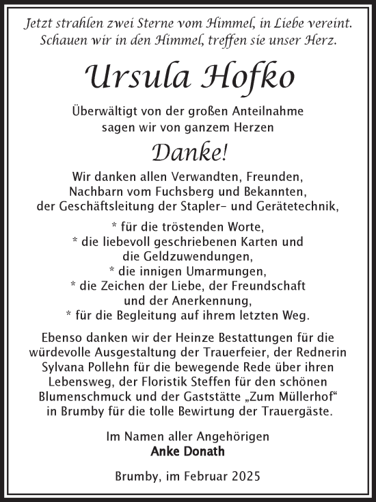 Traueranzeige von Ursula Hofko von Volksstimme Schönebeck