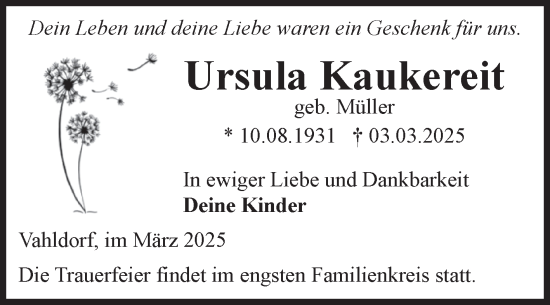 Traueranzeige von Ursula Kaukereit von Volksstimme Haldensleben/Wolmirstedt