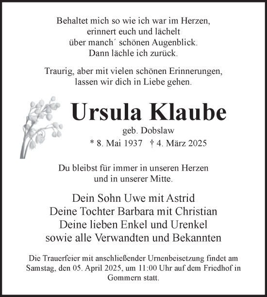 Traueranzeige von Ursula Klaube von Volksstimme Burg/Genthin