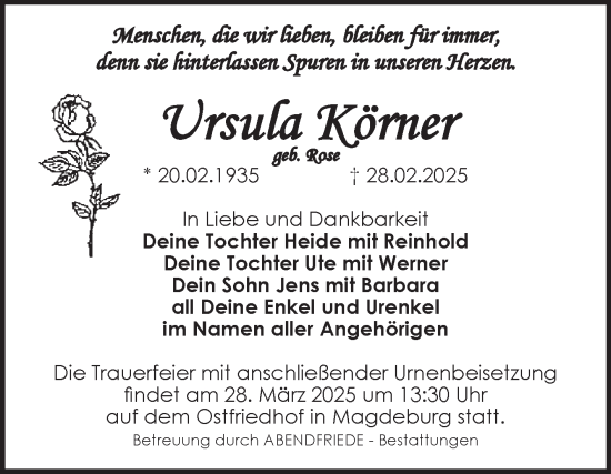 Traueranzeige von Ursula Körner von Volksstimme Magdeburg
