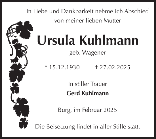 Traueranzeige von Ursula Kuhlmann von Volksstimme Burg/Genthin