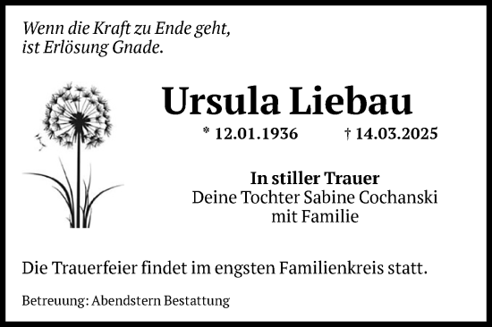 Traueranzeige von Ursula Liebau von Volksstimme Altmark Ost