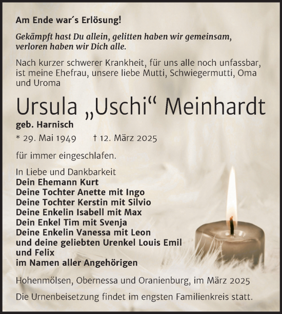 Traueranzeige von Ursula Meinhardt von Trauerkombi Weißenfels