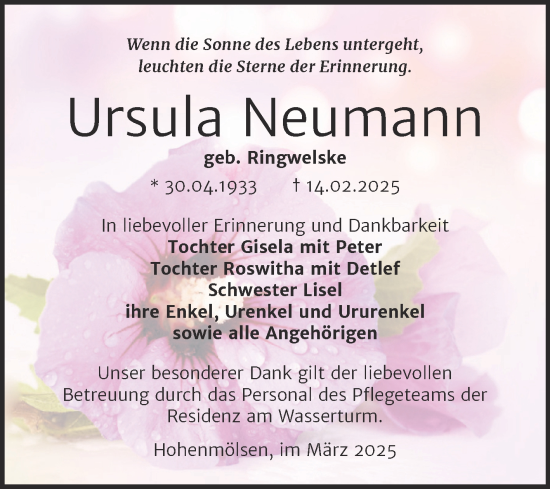 Traueranzeige von Ursula Neumann von Trauerkombi Weißenfels