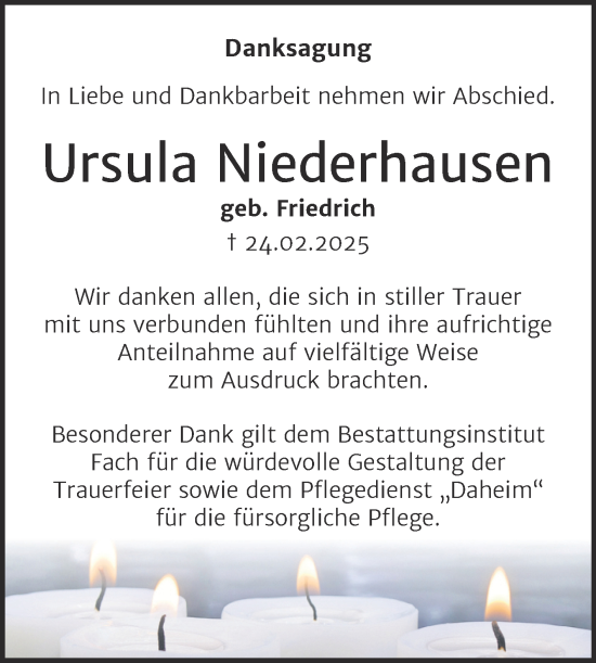 Traueranzeige von Ursula Niederhausen von Trauerkombi Merseburg