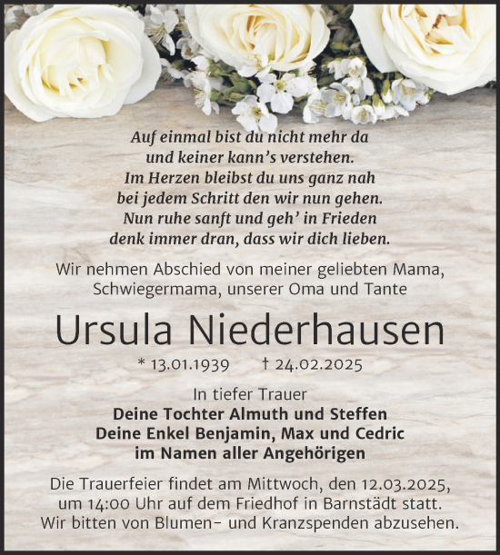 Traueranzeige von Ursula Niederhausen von Trauerkombi Merseburg