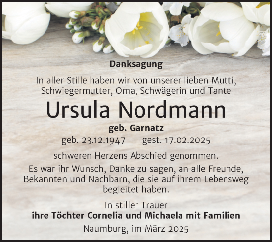 Traueranzeige von Ursula Nordmann von Super Sonntag Naumburg/Nebra