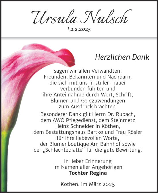 Traueranzeige von Ursula Nulsch von Trauerkombi Köthen