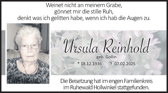 Traueranzeige von Ursula Reinhold von Volksstimme Magdeburg